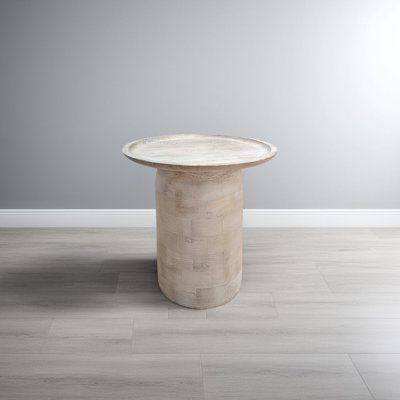 Joana Side End Table, Sandblasted Distressed White Mango Wood, 17 Inch Round Top