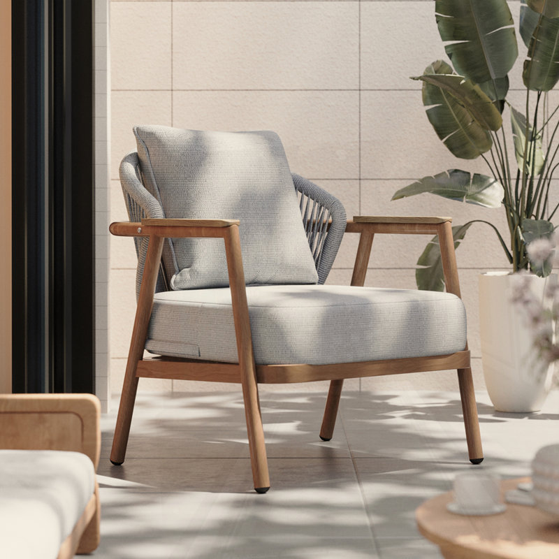 Outdoor Rope Club Chair With Cushion, Taupe Cushion/Teak Frame