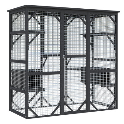 Extra Large Walk-In Outdoor Cat Enclosure with Window Access – Cedar Wood Multi-Level Catio with 7 Perches & 2 Resting Boxes for Multiple Cats, Black