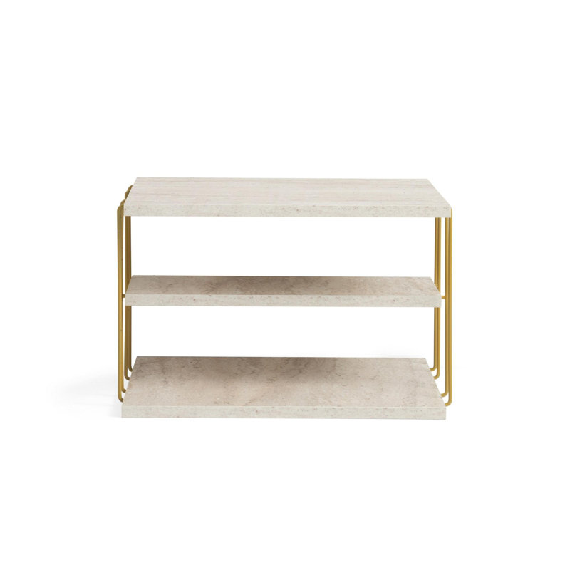 Modern 2-Tier Side Table, Travertine & Gold, 19.7 x 13.0 x 15.7 inches | 100% Melamine Coated Particle Board & Metal Frame, Stylish Marble Design | Perfect for Living Room, Bedroom, or Office Decor