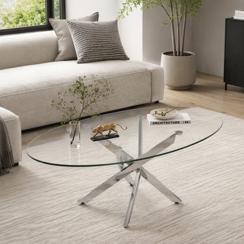 Table basse ovale, table d'appoint en verre de 100 cm, table à thé moderne pour salon, H 17,72 po x l 39,37 po x P 23,62 po