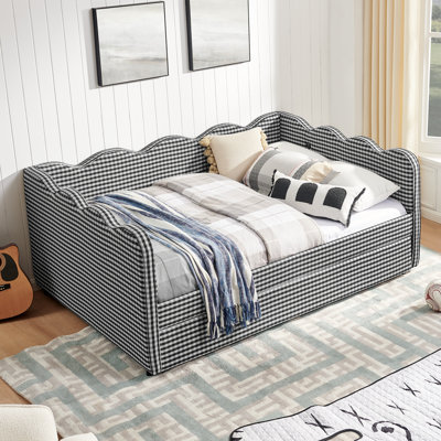 Helin Preppy Style Linen Upholstered Daybed with Trundle, USB Port & Wave-Shaped Back