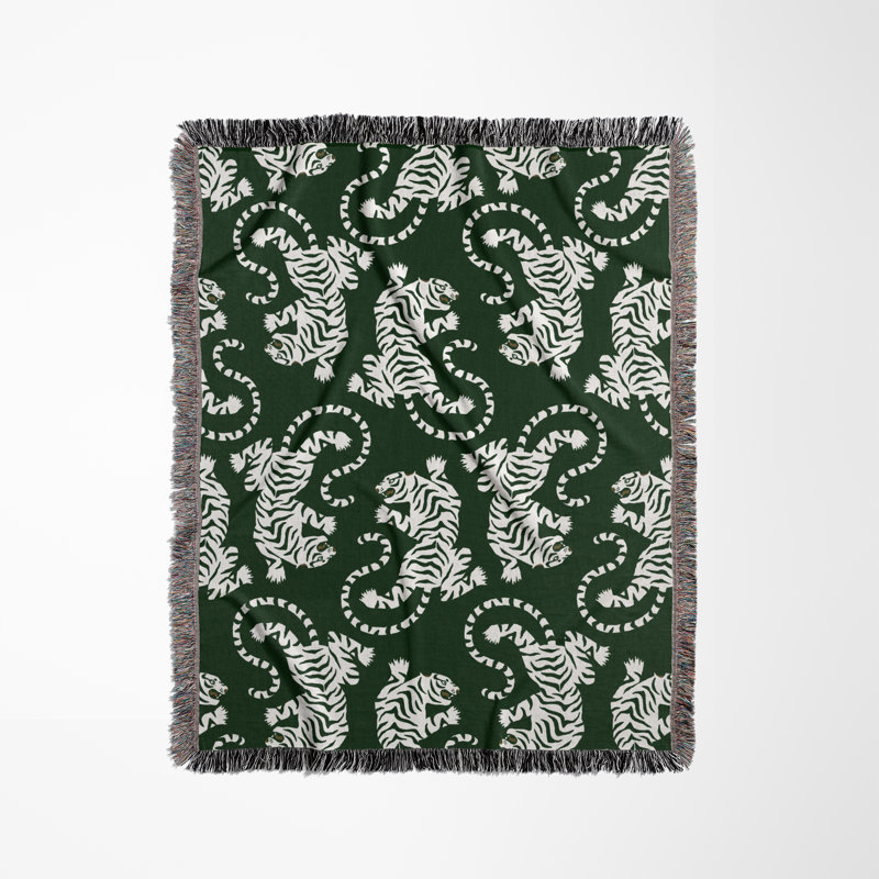 Jeté en mélange de coton Leonard Tiger, L 60 po x l 60 po, Vert / blanc cassé