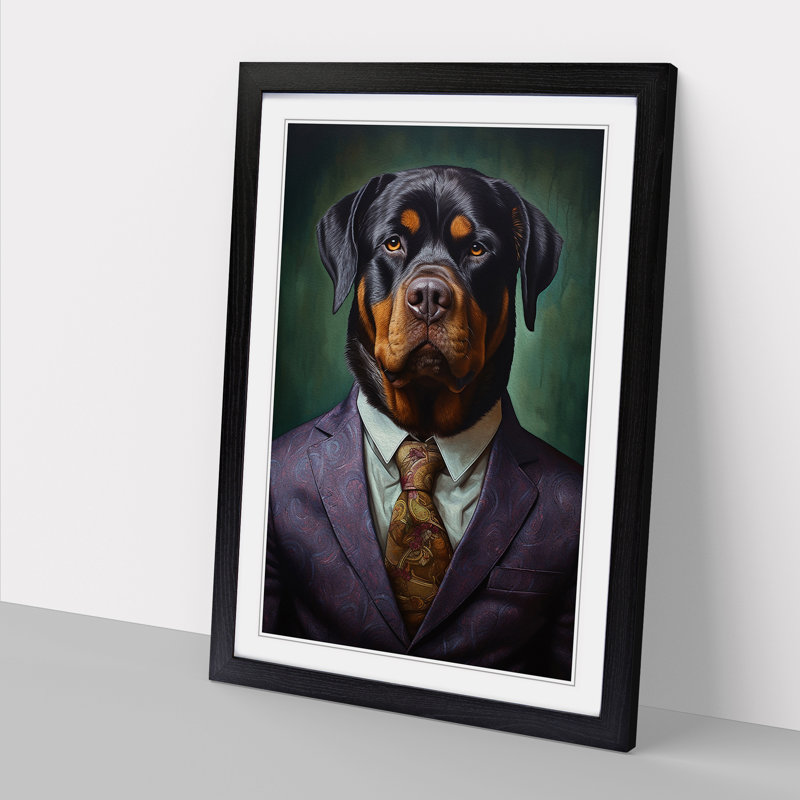 Rottweiler in a Suit Painting - Framed Print, 46cm H x 34cm W x 2cm D, Black Framed