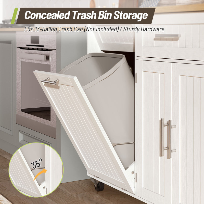Wooden Rolling Kitchen Island With Power Outlet, Mobile Kitchen Island Cart Tilt-Out Trash Cabinet, Locking Wheels, Storage Drawer and Towel Rack