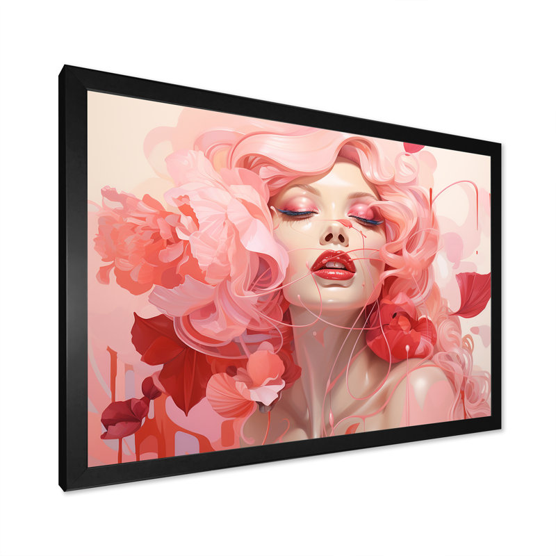 «Pink Pastel Cubism Tones Woman Portrait I - Fashion», art mural, Cadre d'angle fermé noir, H 12 po x l 20 po x P 1 po