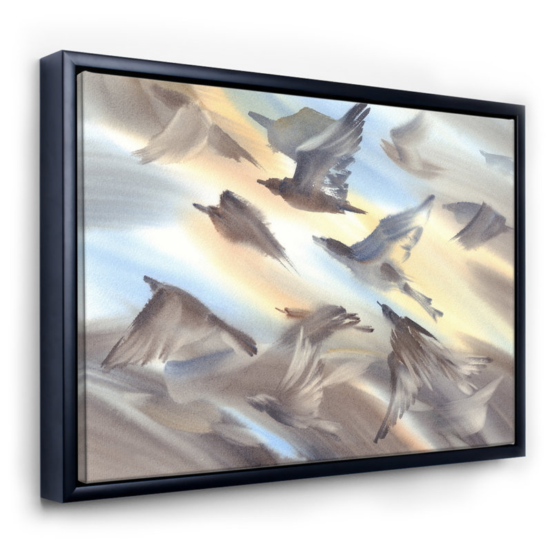 Vol d'oiseaux volant sur fond pastel, H 30 po x l 40 po x 1,5 po, Toile avec cadre noir