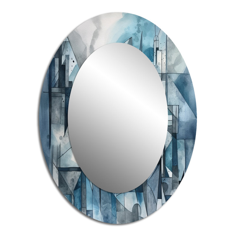 Blue Abstracted Harmonies Of Shape III - Large Oval Wall Mirror On Metal, 40" x 30"