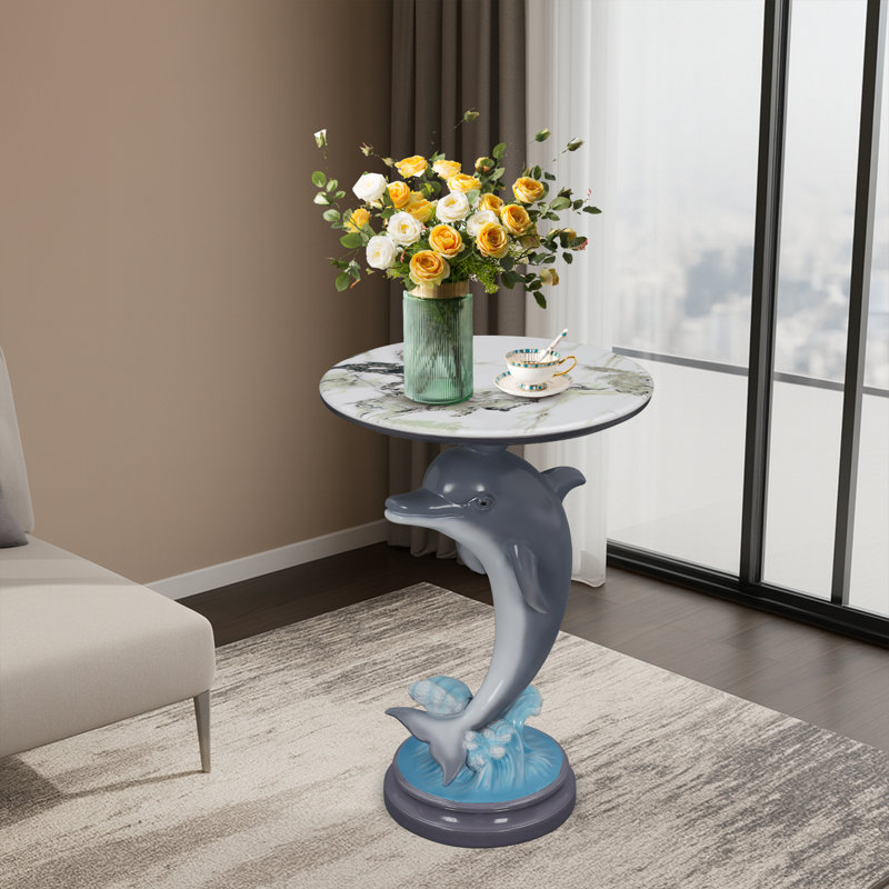 Dolphin Statue End Table, Sleek Modern Accent Side Table, Sculptural Pedestal Base, Wobble-Free Twist-Lock Assembly, Gray