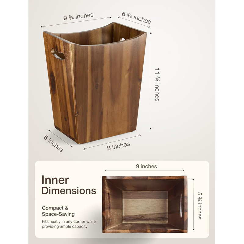 Solid Acacia Wood Decorative Waste Basket With Handles (2 Gallon) - Versatile Trash Can  for Home, Office, Bedroom & Bath