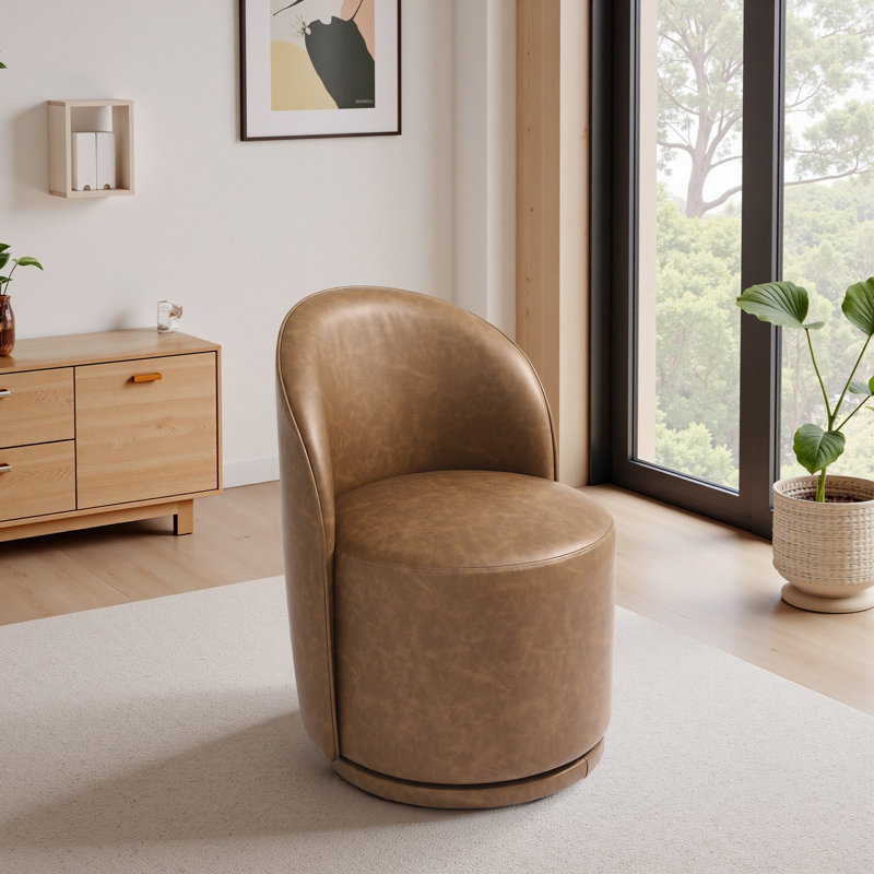 PU Leather Barrel Swivel Armless Dining Chair, Brown