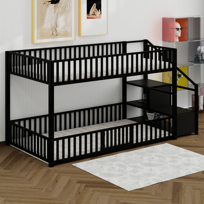 Twin Over Twin Bunk Bed With Stairs, Metal Floor Bunk Bed With Storage Ladder & Safety Guardrails, Black