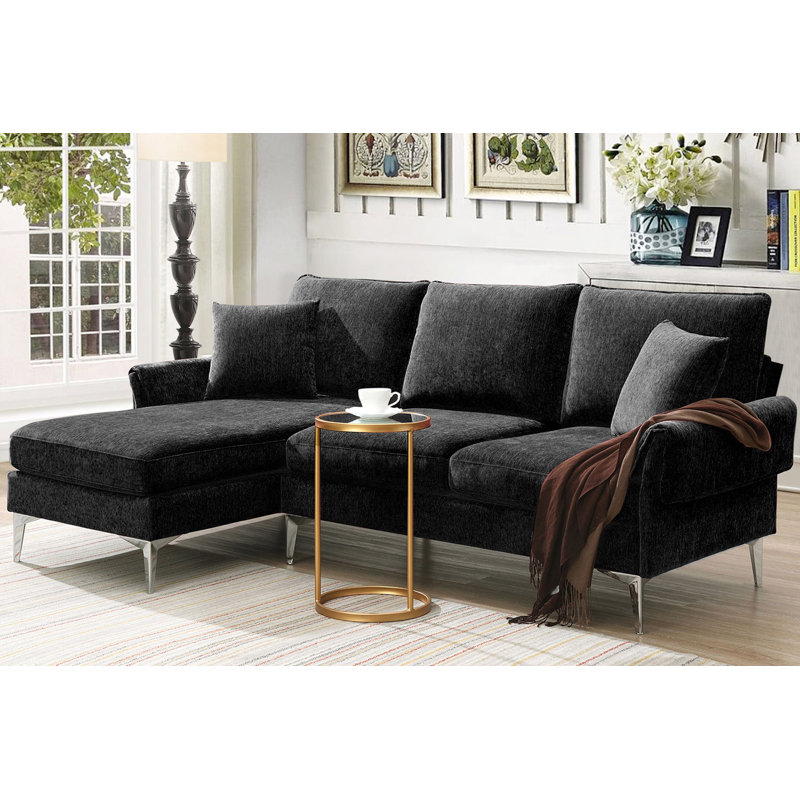 Modern Chenille L-Shaped Sofa With Reversible Lounge, Black Chenille