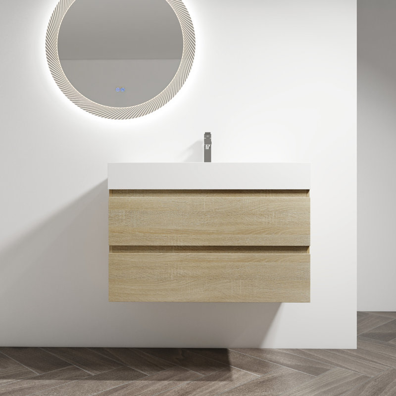 Armoire de salle de bain 36 po. Lavabo en résine et 2 tiroirs à fermeture en douceur. Agencement de couleurs chêne. Style moderne. Fabrication en contreplaqué. Rails de tiroir à extension lisse. Abat-jour de rangement fonctionnel. Fabriqué. Glissières. Pratique