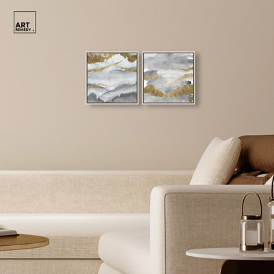 Tibet Mountain Serenity Canvas Print Black Gold Wall Art Set by Art Remedy, White Frame, 12 x 12