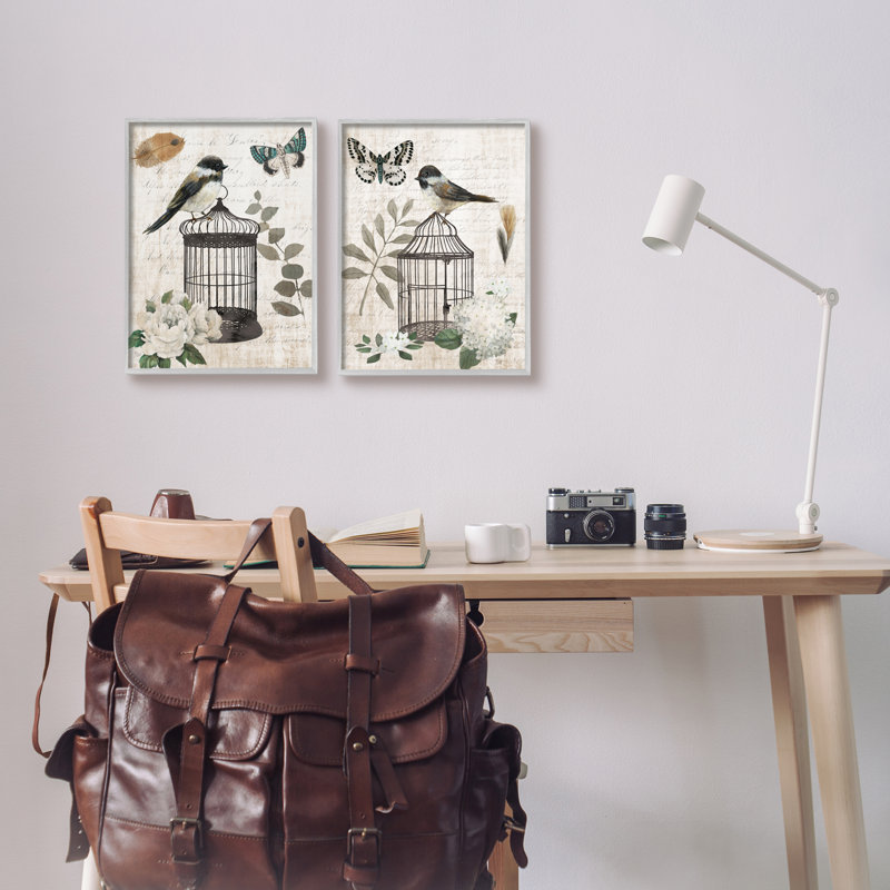 Cage à oiseaux rétro perchée par Timeless Cursive par Nan - ensemble de 2 impressions sur toile, H 14 po x l 22 po x P 1,5 po