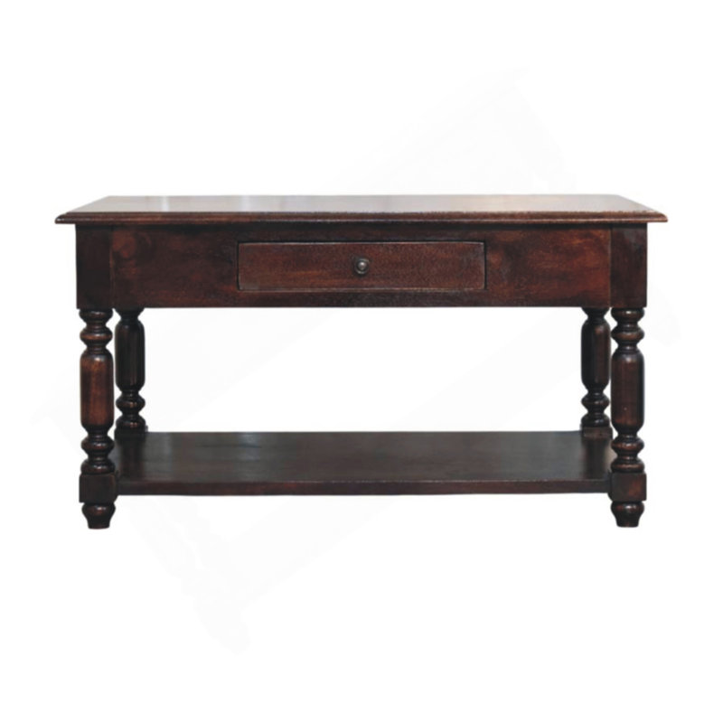 Console à 2 tiroirs, cerise à pieds tournés, brun foncé