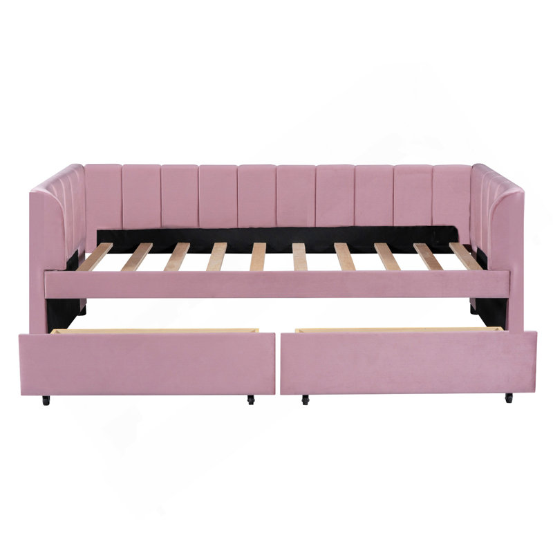 Twin Size Upholstered Daybed With Ergonomic Design Backrest And 2 Drawers, Pink, Pink