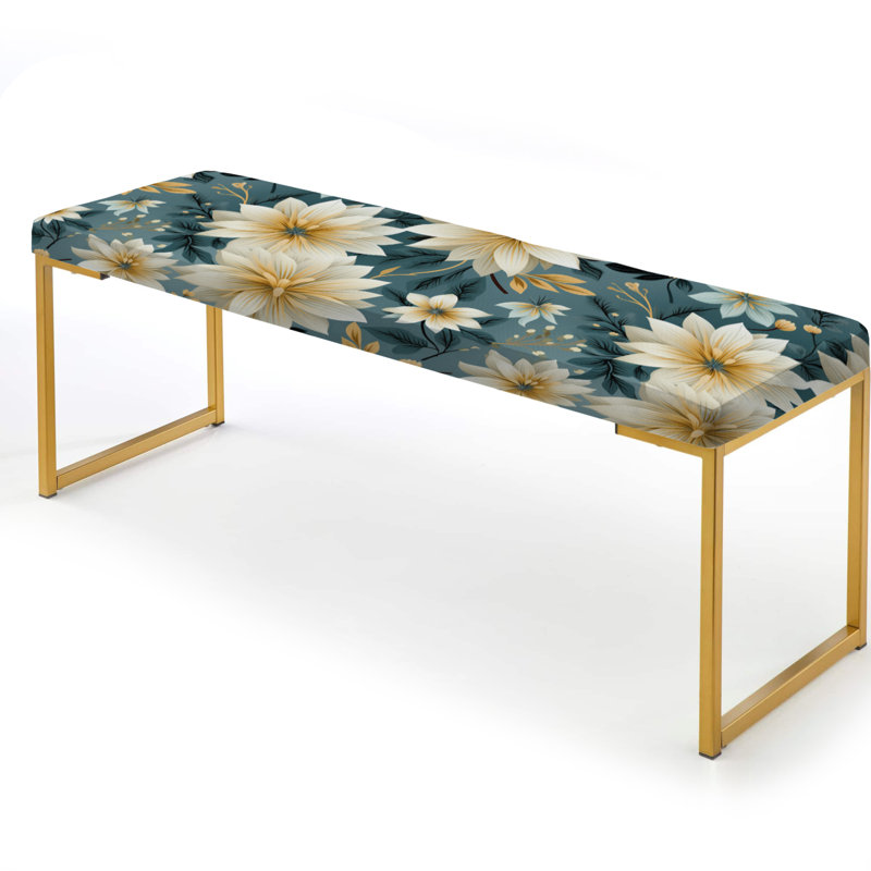 Upholstered Bench, Blue And Gold Geometric Floral Harmony Fusion I
