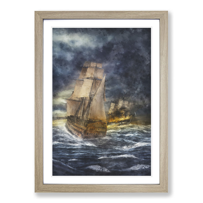 Naval Battle Ship at War - Picture Frame Graphic Art Print, Oak Framed, 63cm H x 45cm W x 2cm D