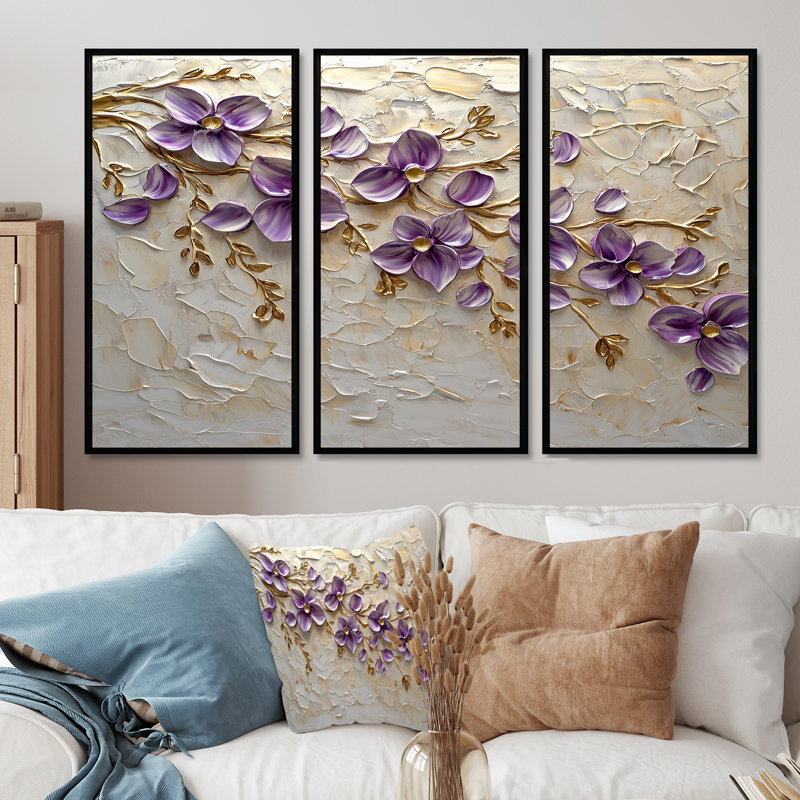 Ensemble de salon mauve lilas mauves et fleurs dorées Melody I, Toile avec cadre flottant noir, H 40 po x l 60 po x P 1 po
