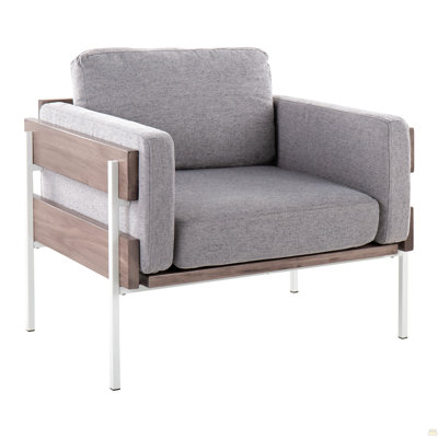Accent Chair In White Metal, Grey Wood And Light Grey Fabric