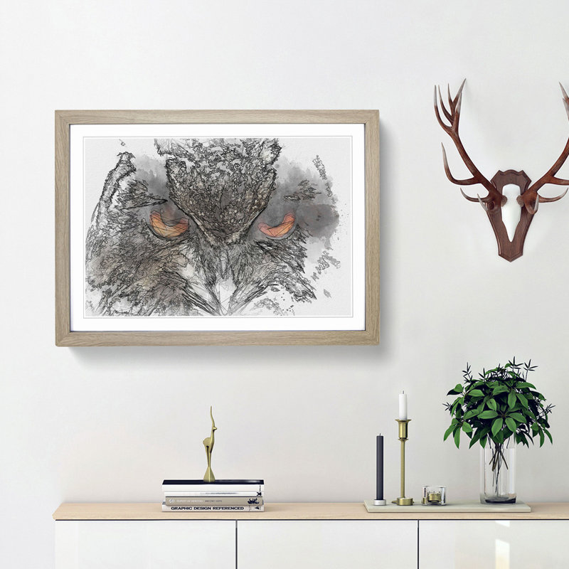 Great Horned Owl in Abstract - Picture Frame Graphic Art Print, Oak Framed, 27cm H x 36cm W x 2cm D