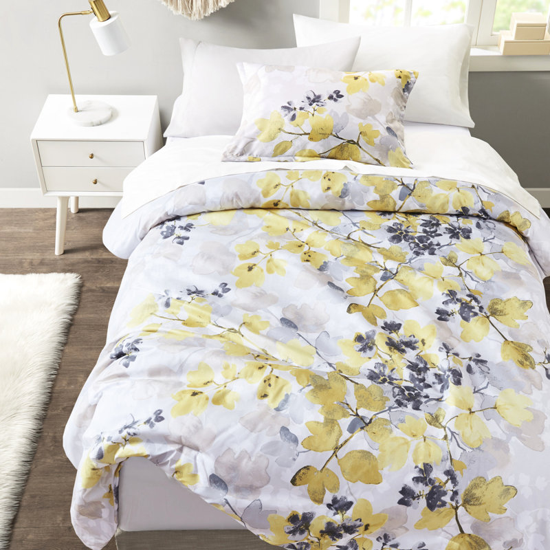 Édredon et drap moderne, très grand, imprimé de feuilles jaune gris, Très grand édredon et 8 pièces supplémentaires