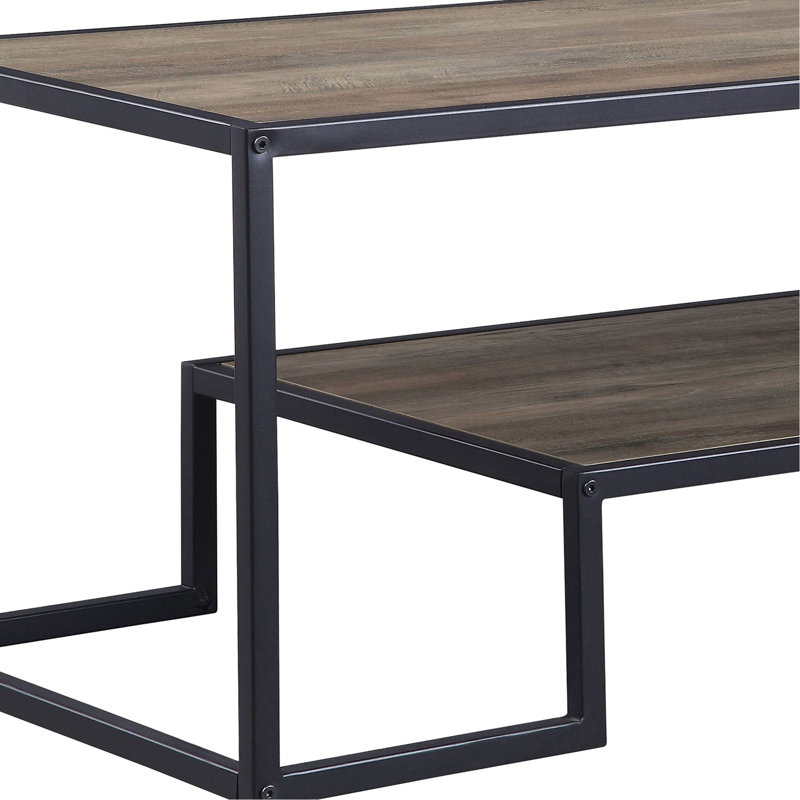Table basse rectangulaire en chêne rustique et noire avec une structure en métal à 1 niveau, une épaisseur de plateau de 15 mm, un bord en placage de papier pu, pour la décoration ouverte