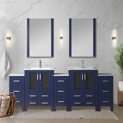 Navy Blue Double Bath Vanity 84 In. W X 18.25 In. D, With Side Cabinet, And White Ceramic Top
