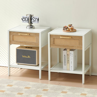Ensemble de 2 tables de bout en rotin de 15,74 po avec tiroir, table de chevet moderne, pieds en métal, table d'appoint pour le salon et la chambre à coucher