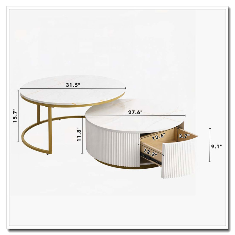 Round Nesting Coffee Table Fluted with Drawer, White