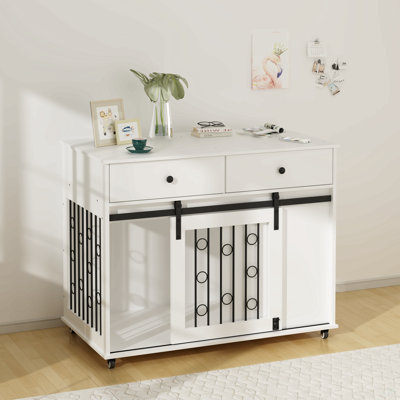 Caisse pour chien coulissante avec porte de grange et tiroirs et roues verrouillables