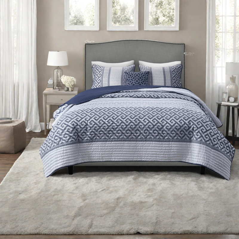Elegant Navy Jacquard Bedding Sets, Polyester King Size, For All-season Comfort