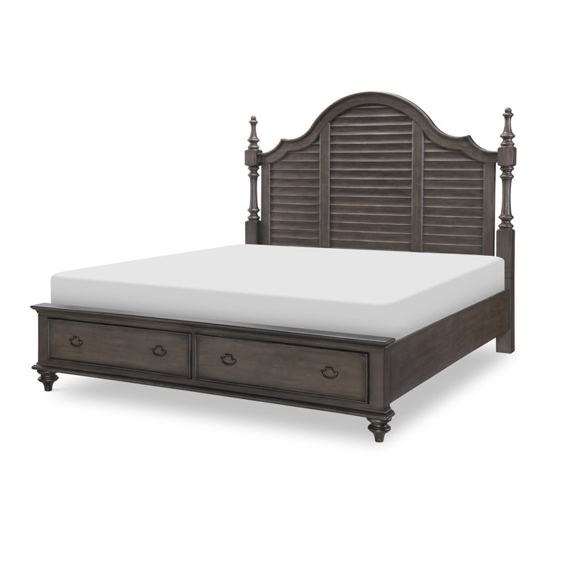 Gray Queen Wood Poster Bed with Storage Drawers