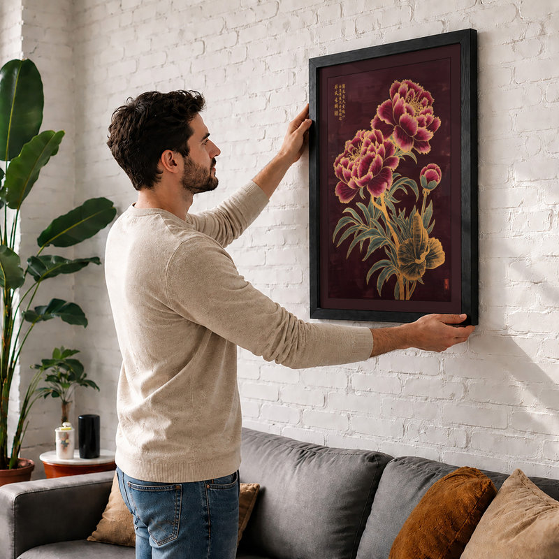 Ornate Peonies with Script Botanical - Framed Print, Unframed, A4 - 29.7 x 21.0 cm