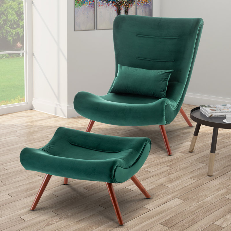 Bertita Upholstered Accent Chair with Footstool, Emerald Green