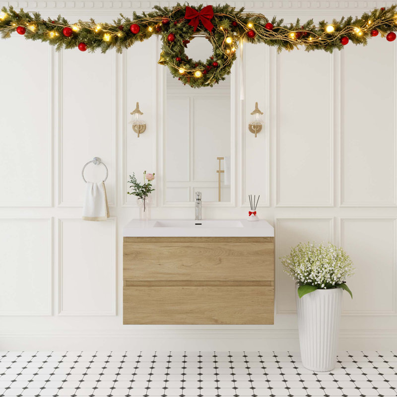 Meuble-lavabo flottant avec lavabo, Chêne, 36"