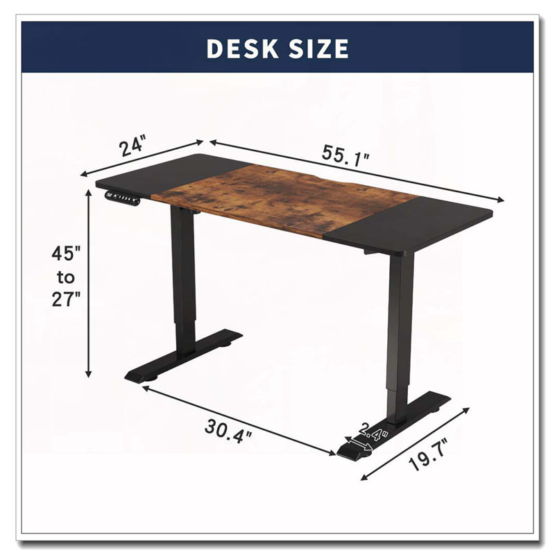 Bureau électrique à hauteur réglable, Noir / brun, H 24 po x l 47,2 po x P 24 po