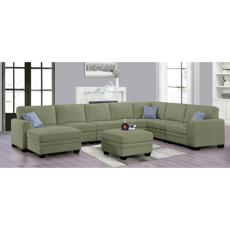 Keshvi Upholstered Compression U-Shaped Sectional Reversible, Green Corduroy