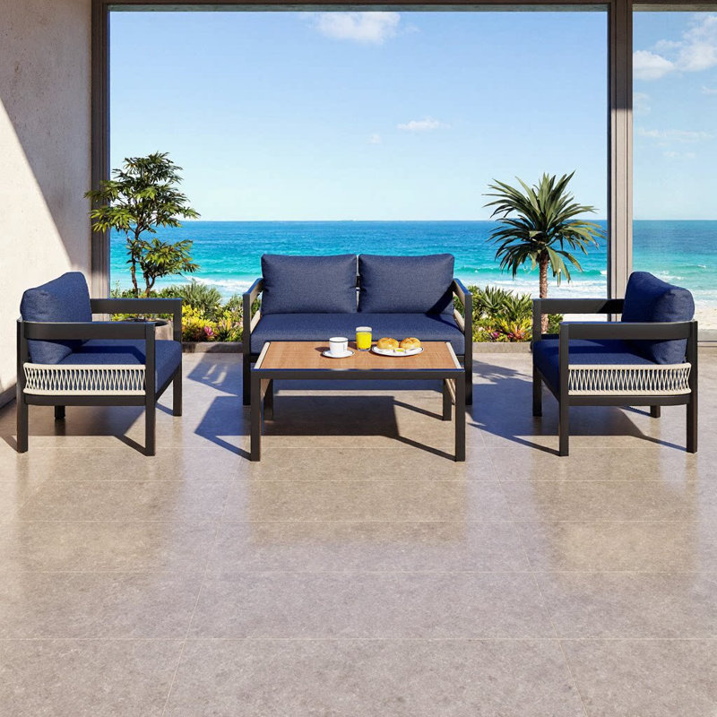 Multi-Person Iron Sofa Set with Rattan Accents — Waterproof, Rust-Proof & Flexible for Your Garden Retreat, Bleu