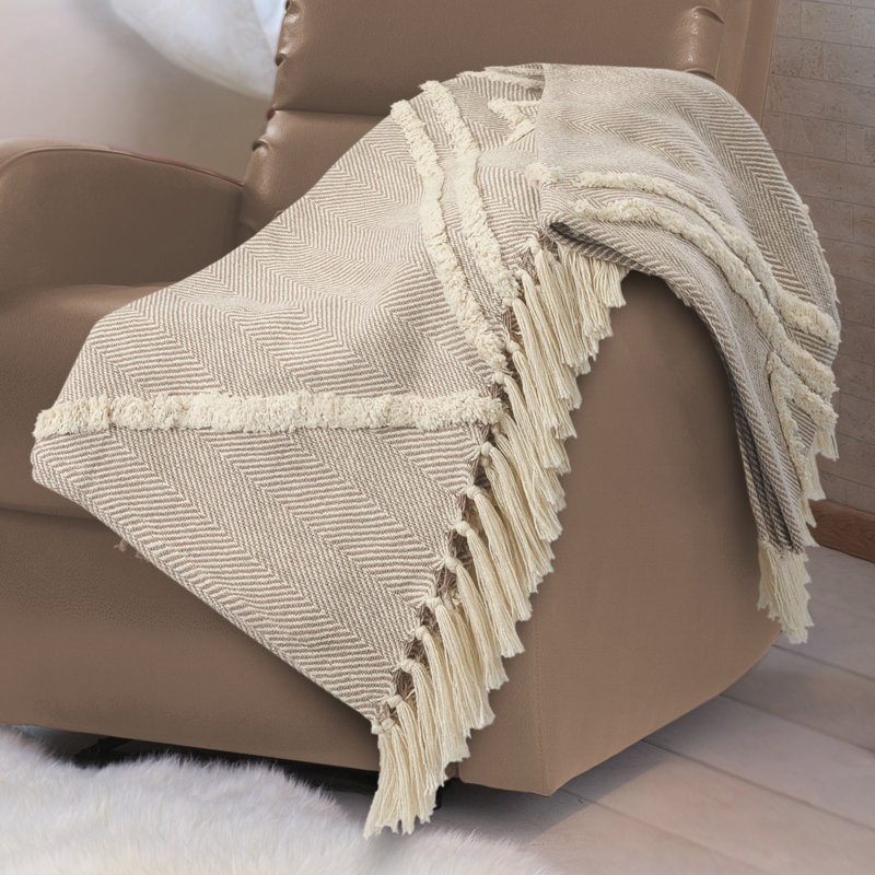 Beige and Cream Cotton Fringe Throw Blanket, 50" x 60"