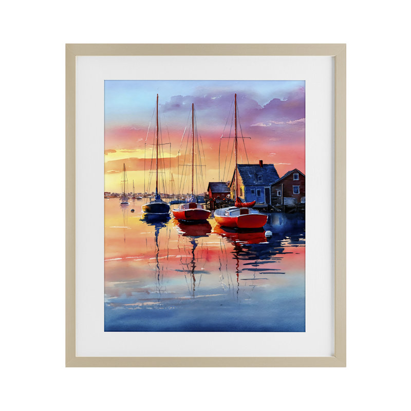 Vivid Sunset at Docks Framed Print Under Glass, design by Franklyn Gregory, 21 x 17, Harvest Pine Under Glass Framed