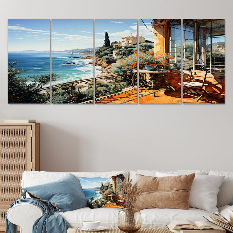 French Riviera Beach Reflections - Coastal Windows, art mural 5 pièces, H 32 po x l 80 po