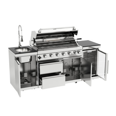 44" 6-Burner 85000 BTU Stainless Steel Outdoor Kitchen Grill Island with Fridge