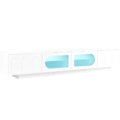 White Tv Stand With Arched Doors For 95" Tvs, Functional Media Center -Controlled Led And Spacious Drawers Up To White, Fluted Tempered Glass Cabinet Doors, Console