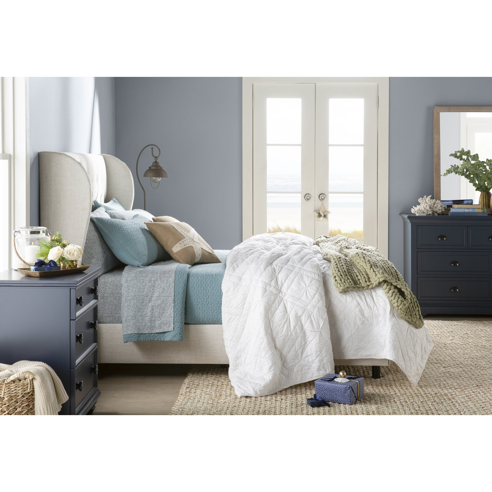 Tomey Upholstered Wingback Bed, Bella Light Gray Performance Velvet, Twin