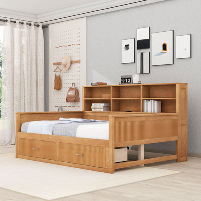 Modern Daybed with Bookcase, Built-In Charging Station, Drawers and Wooden Slat Support