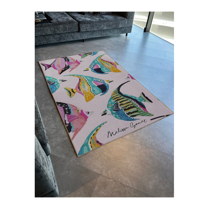 Tapis bleu et rose à motif de poissons discus lavables à la machine, Rectangle 3 pi 3 po x 4 pi 11 po