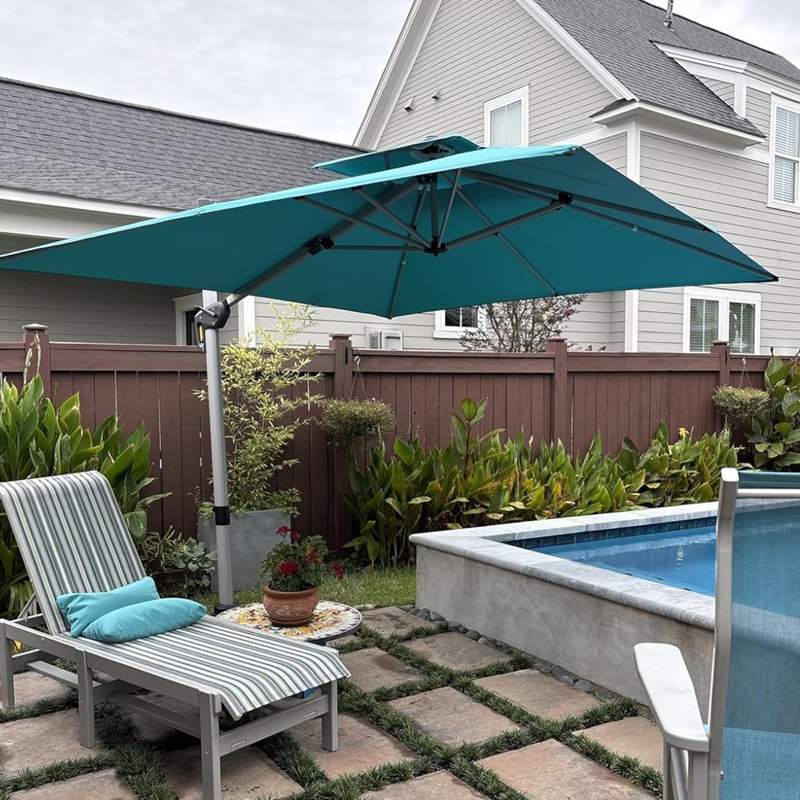 Parasol en porte-à-faux carré 10 pi avec base en terre, bleu turquoise, Turquoise